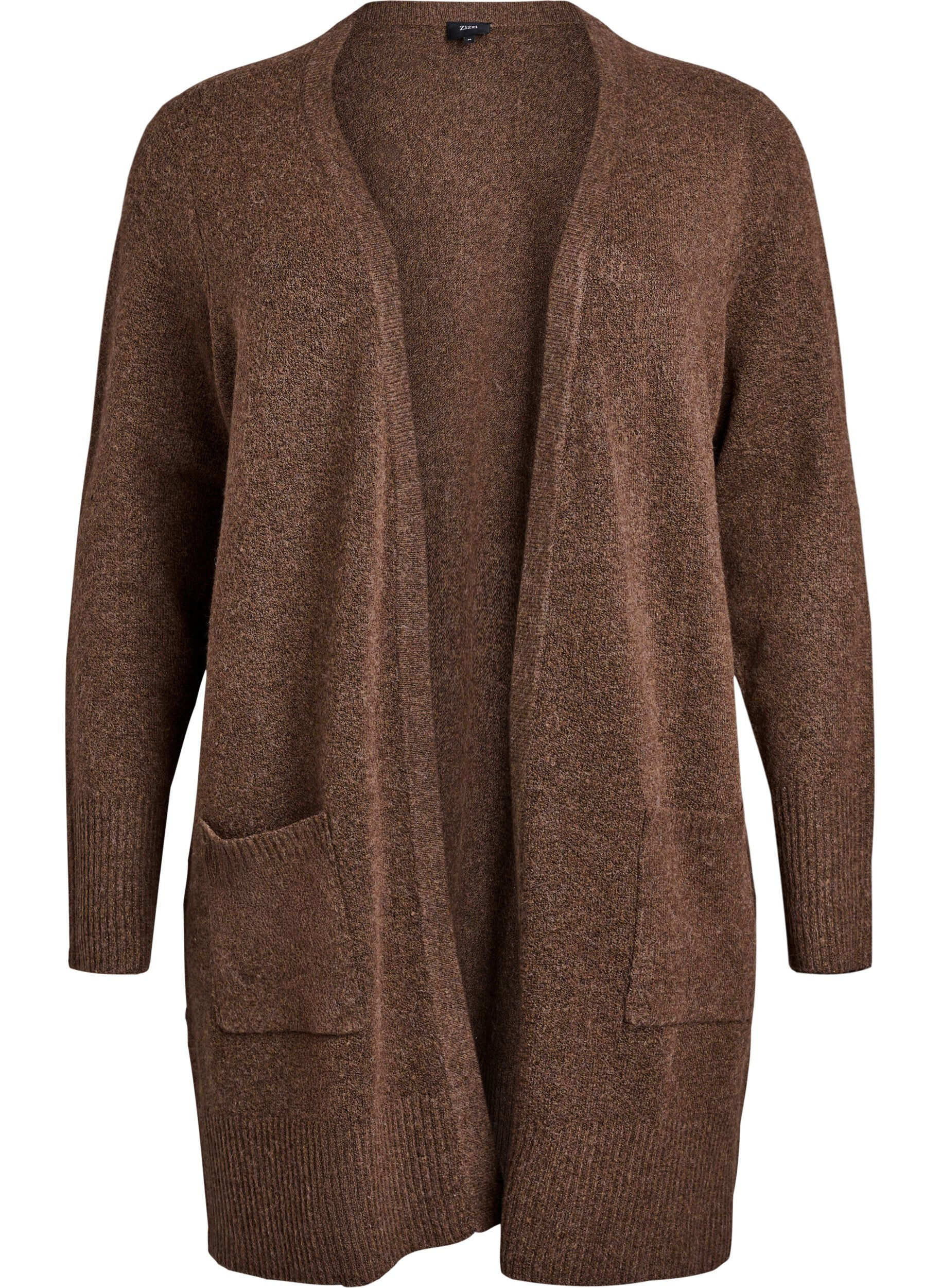 Zizzifashion Ribbed Knit Cardigan with Pockets, Brown, Packshot image number 0