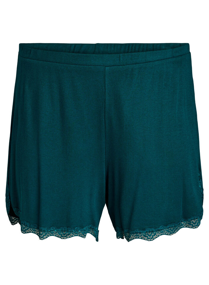Loose night shorts with ribbed texture and lace trim, Green, Packshot image number 0