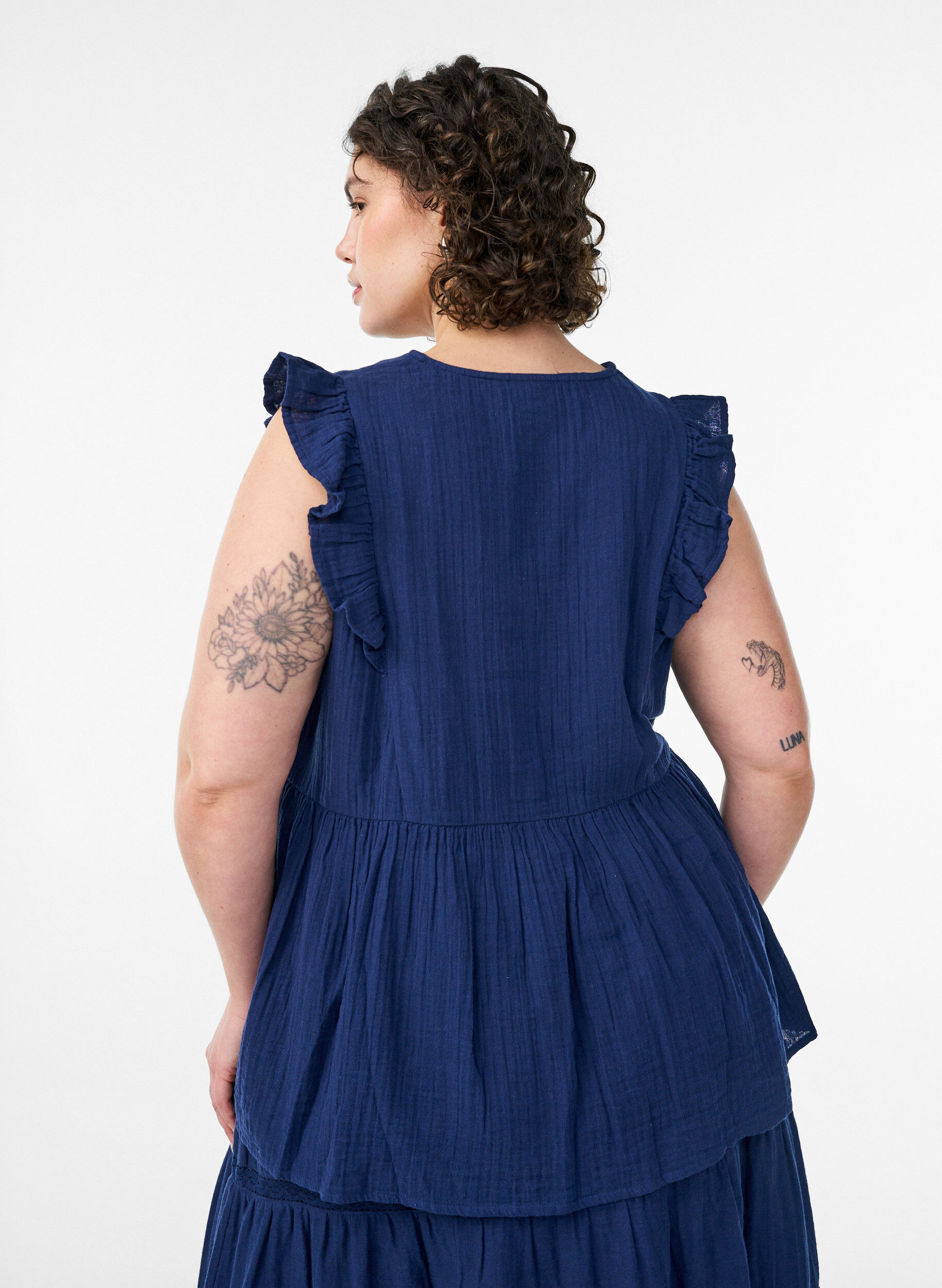 ZizzifashionSleeveless cotton muslin blouse with ruffles, Blue, Model image number 2