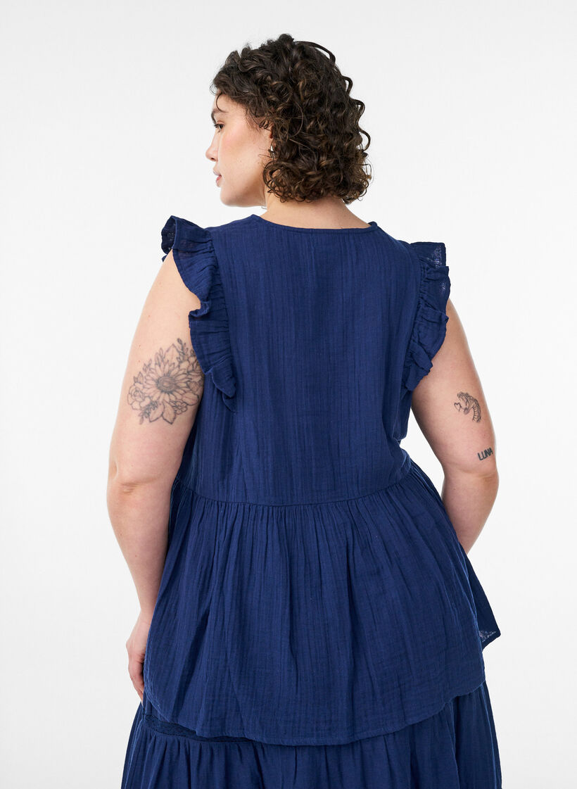 Sleeveless cotton muslin blouse with ruffles, Blue, Model image number 2