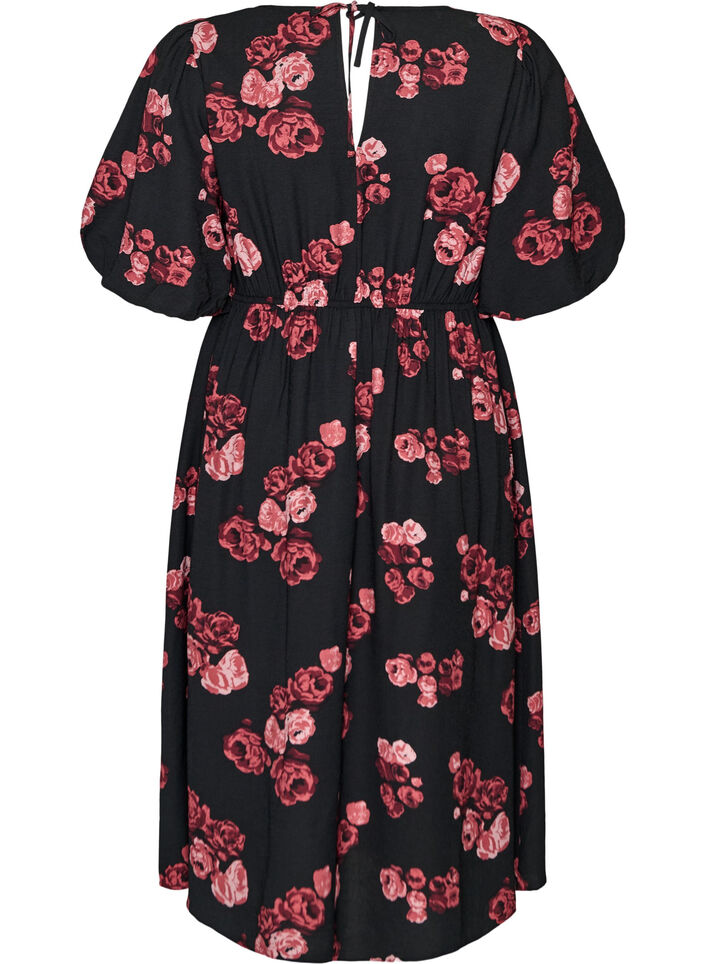 Midi dress with rose print and short balloon sleeves, Black, Packshot image number 1