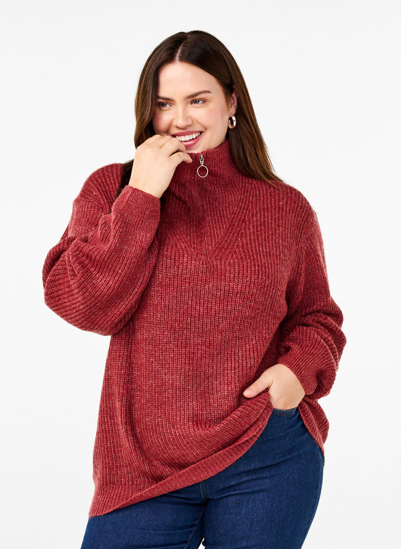 Knitted sweater with high neck and zipper, Red, Model image number 0