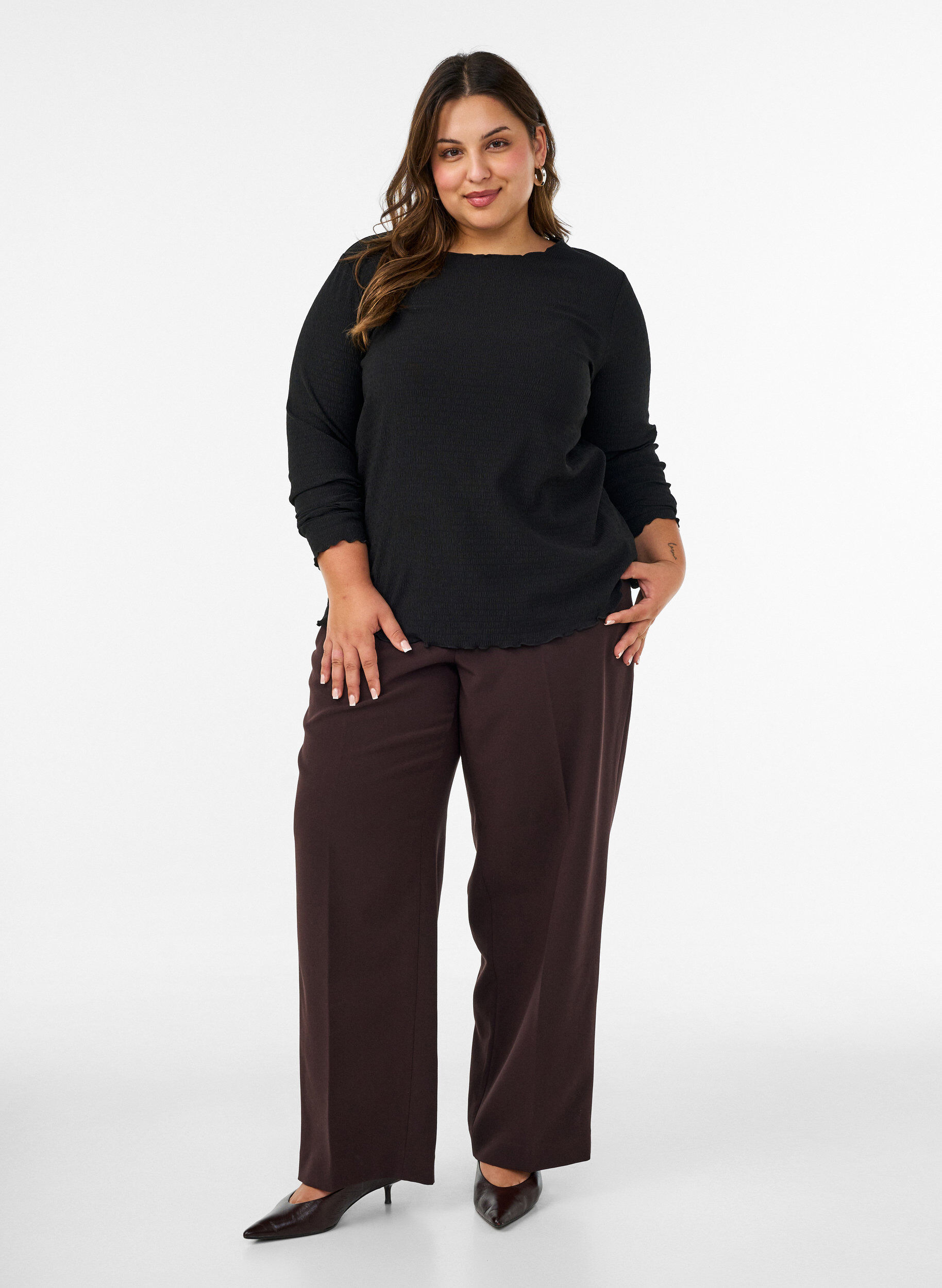 ZizzifashionTextured blouse with wavy edges, Black, Model image number 1