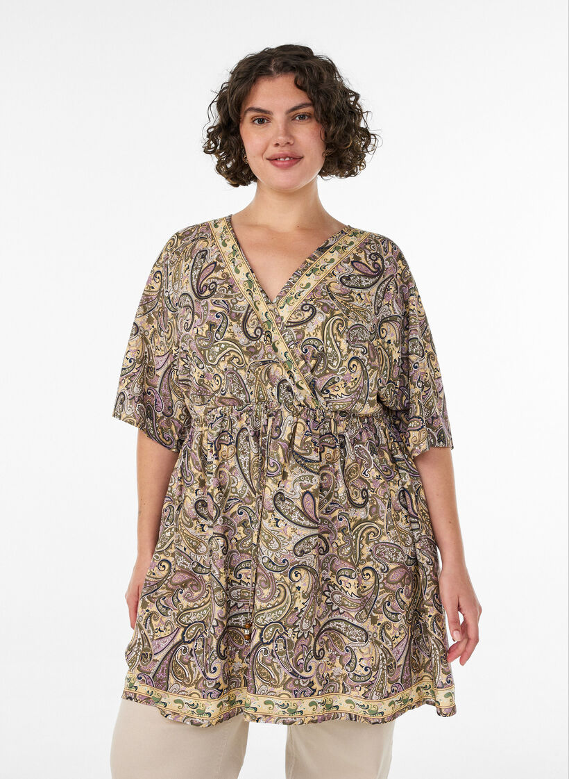 Viscose tunic with paisley print and tie-string, Yellow, Model image number 0
