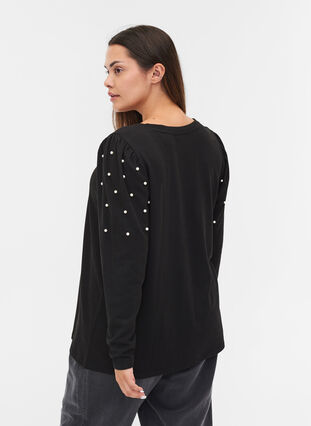 Long sleeve blouse with pearls, Black, Model image number 1