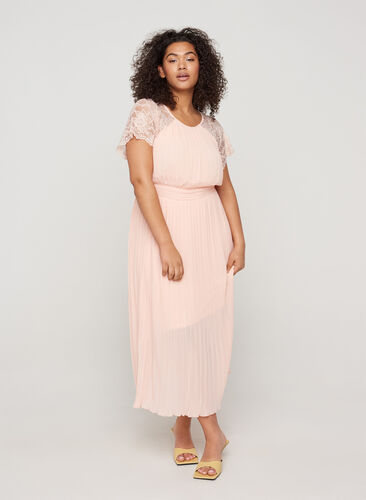 Short-sleeved pleated dress with lace and smock detail, Rose Smoke, Model image number 0