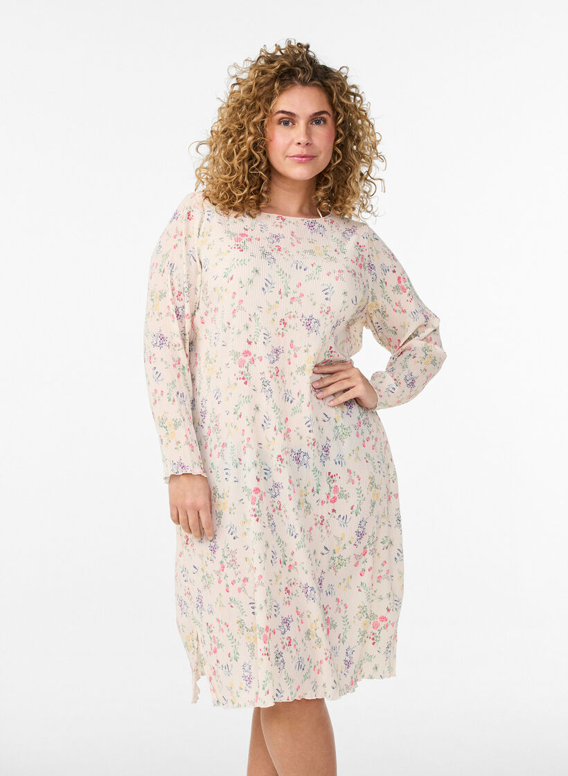 Dress with floral print and wavy texture, Beige, Model image number 0