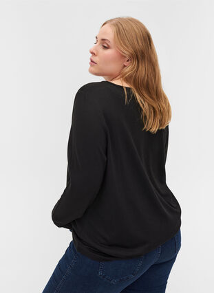 Long-sleeved blouse with decorative rhinestones, Black, Model image number 1