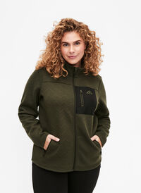 Sporty fleece jacket with pockets, Forest Night, Model