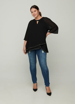 Blouse with 3/4 length sleeves and jewels at the hem, Black, Model image number 2