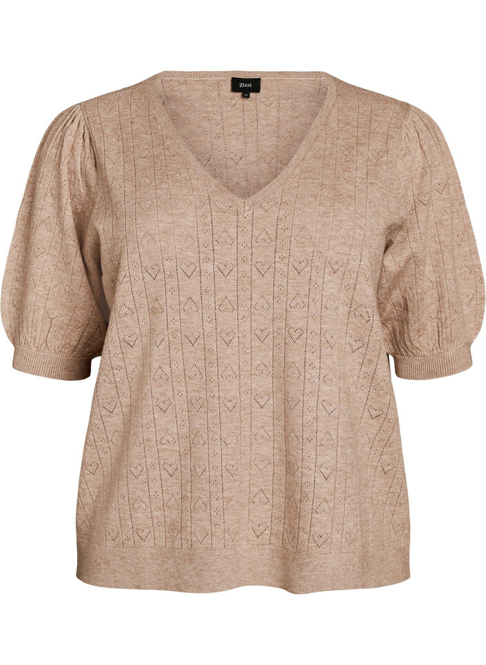 Short-sleeved knit blouse with a pointelle pattern, Beige, Packshot image number 0