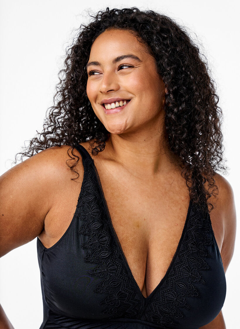 Swimsuit with v-neck and embroidery, Black, Model image number 2