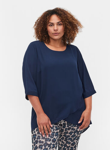 Blouse with 3/4-length sleeves and asymmetric hem, Navy Blazer, Model image number 0
