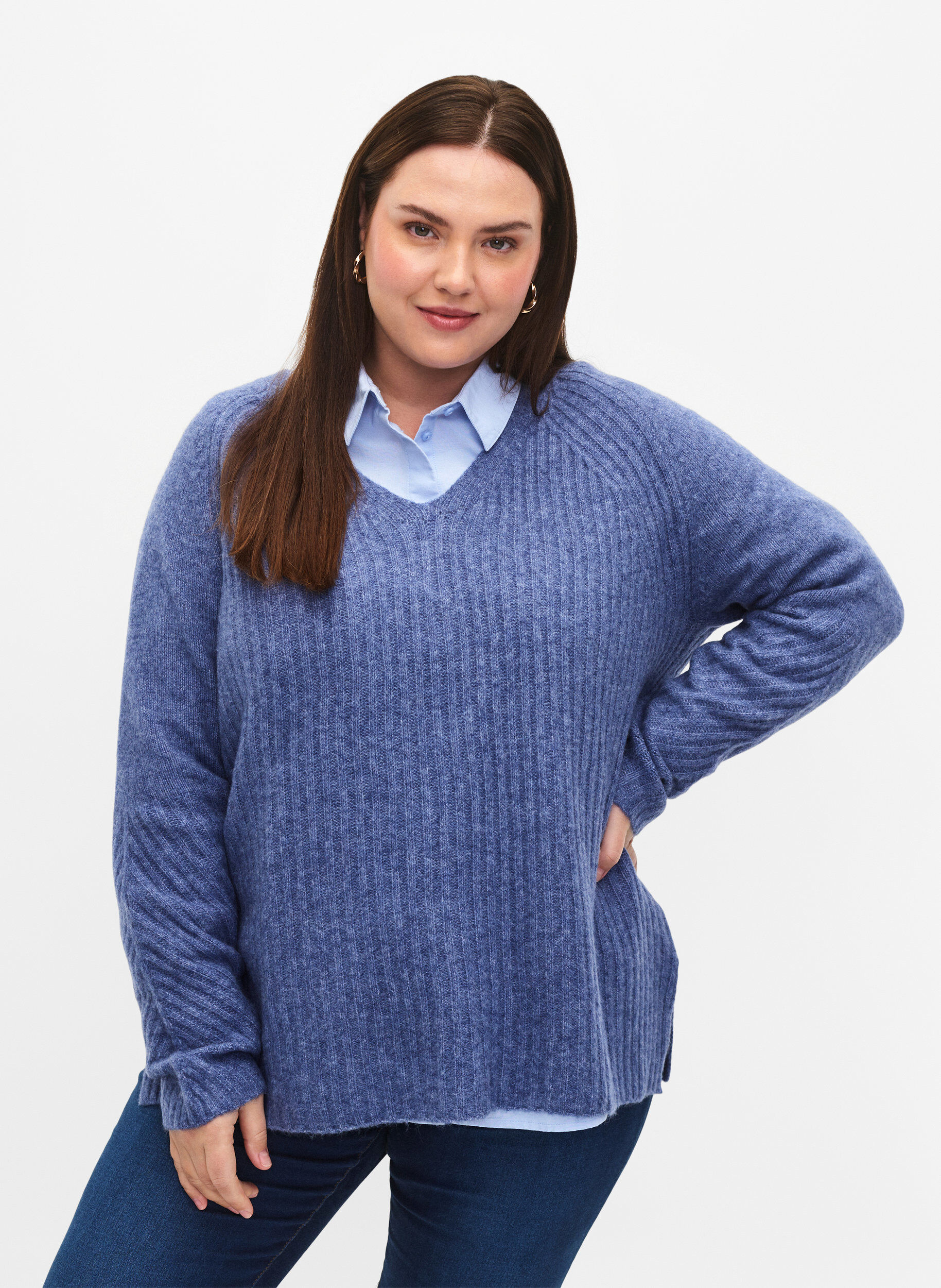 Zizzifashion Knit sweater with slit, Gray Blue Mel., Model image number 0