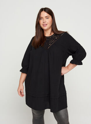 Tunic with broderie anglaise and 3/4 sleeves, Black, Model image number 0