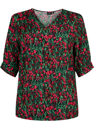 Viscose blouse with buttons, Black w. Pink Flower, Packshot image number 0
