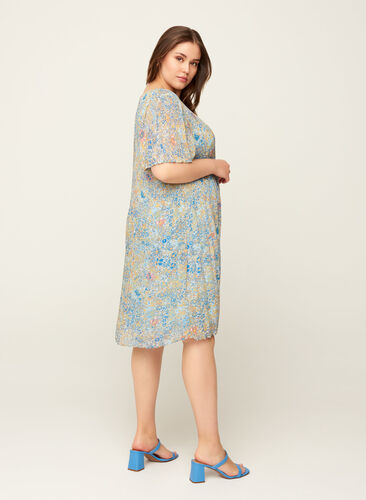 Plisse dress with floral print, Light Blue Multi AOP, Model image number 1