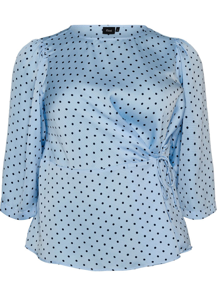 Polka dot blouse with tie-fastening and 3/4-sleeves, Light Blue, Packshot image number 0