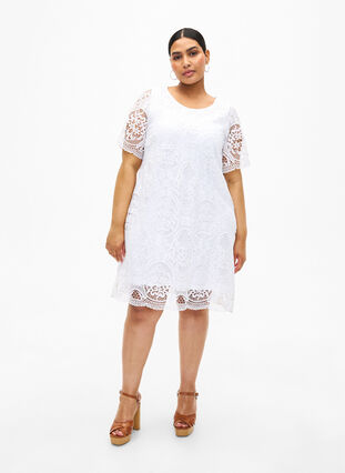 Short-sleeved lace party dress, Bright White, Model image number 2
