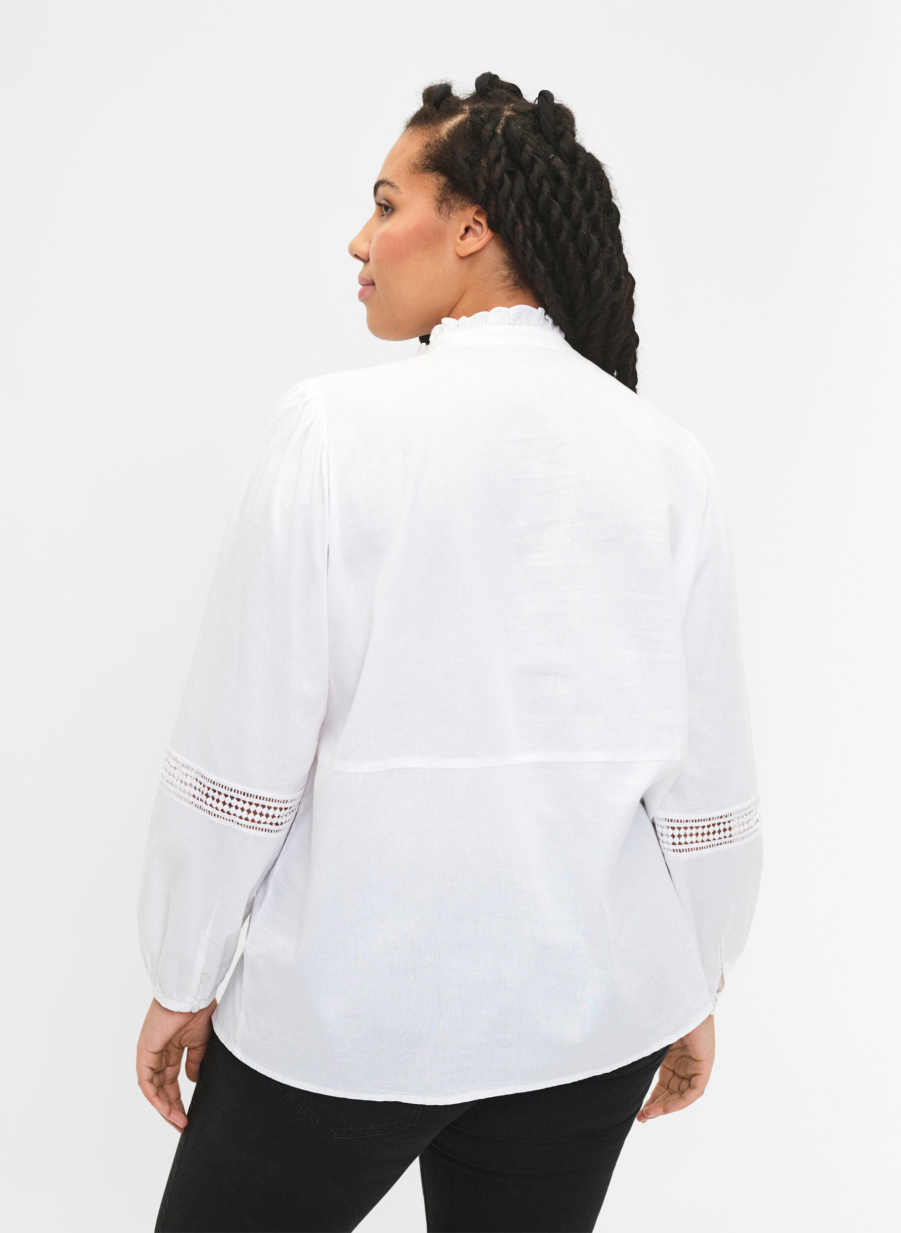 Zizzifashion Shirt blouse with ruffle collar and crochet band, Bright White, Model image number 1