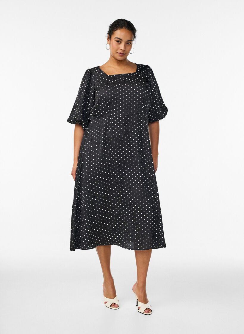 Polka dot midi dress with square neckline, Black, Model image number 0