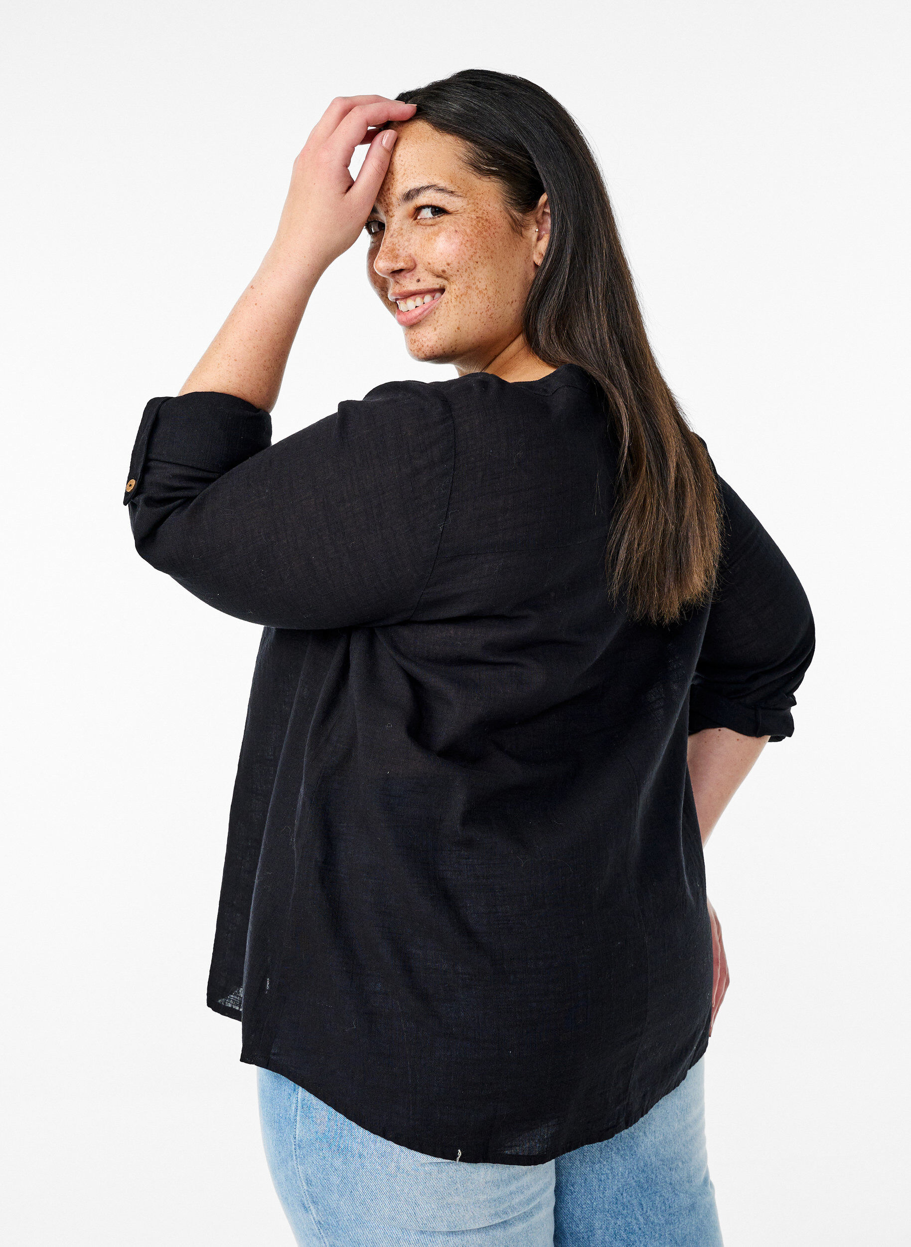 Zizzifashion Cotton shirt blouse with a v-neck, Black, Model image number 2