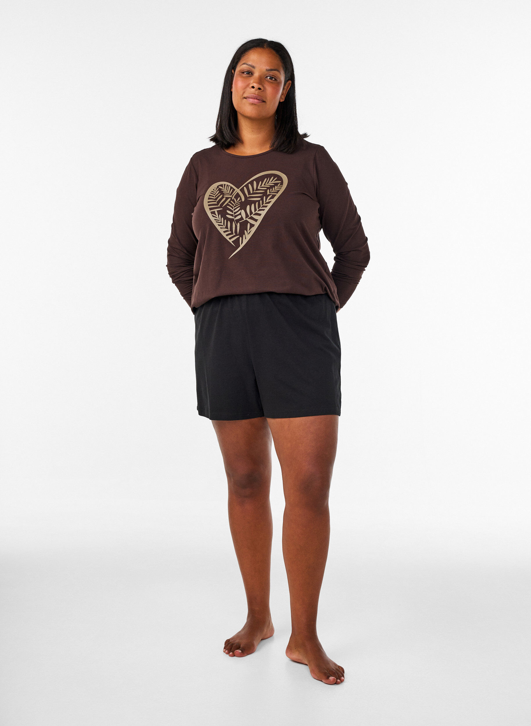 ZizzifashionCotton pyjama top with heart print, Brown, Model image number 1