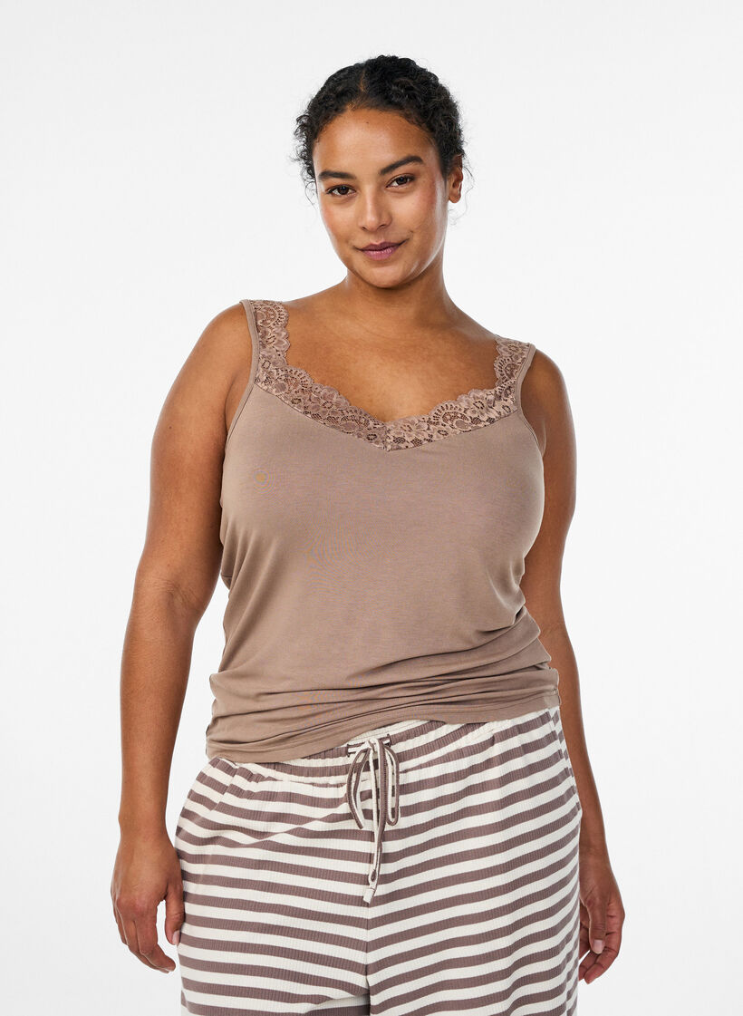 Viscose top with lace edge, Beige, Model image number 0