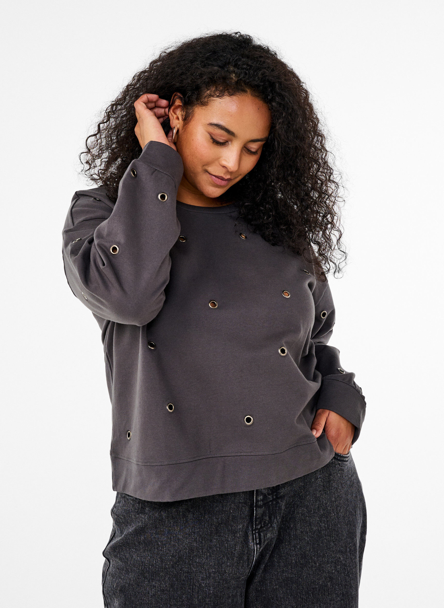Zizzifashion Sweatshirt with eyelets, Dark Grey, Model image number 0