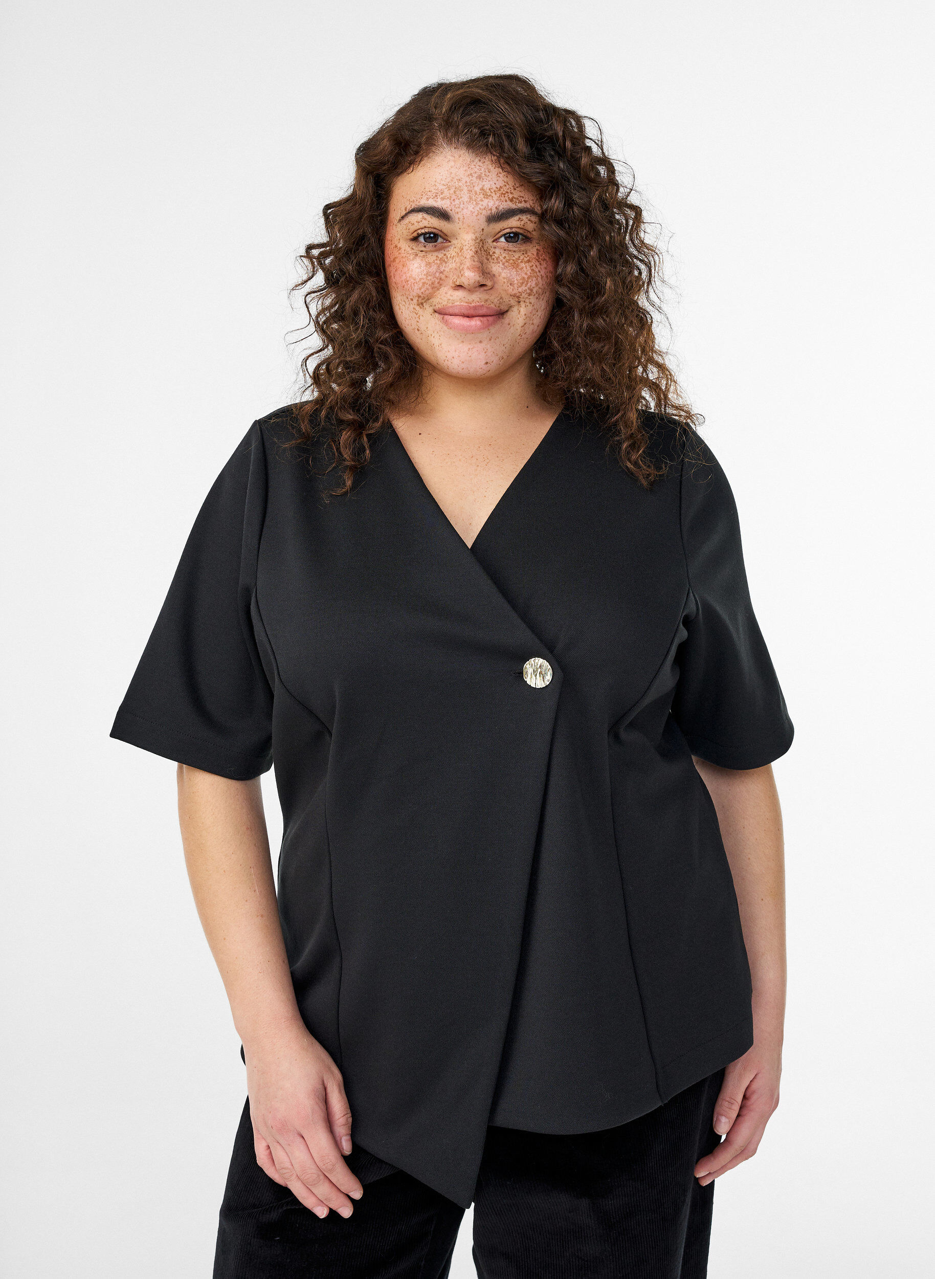 Blouse with asymmetric wrap effect and short sleeves, Black, Model