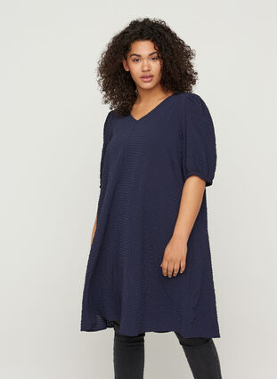 Textured dress with an A-line cut and puff sleeves, Evening Blue, Model image number 0