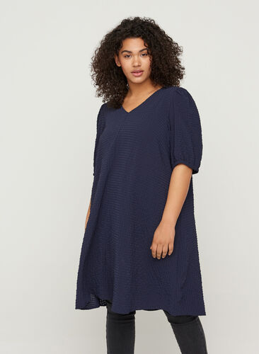 Textured dress with an A-line cut and puff sleeves, Evening Blue, Model image number 0