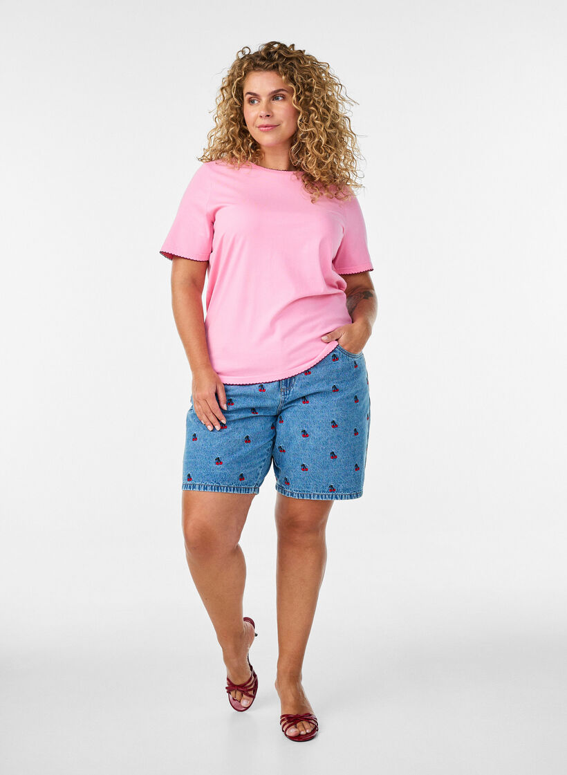 Cotton T-shirt with wavy contrasting edges, Pink, Model image number 1