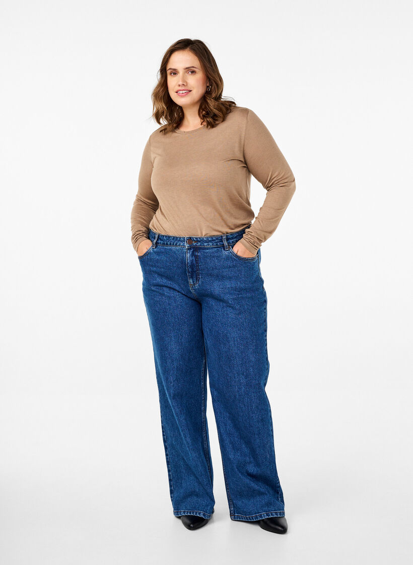 Long-sleeved blouse in wool and viscose, Brown, Model image number 1