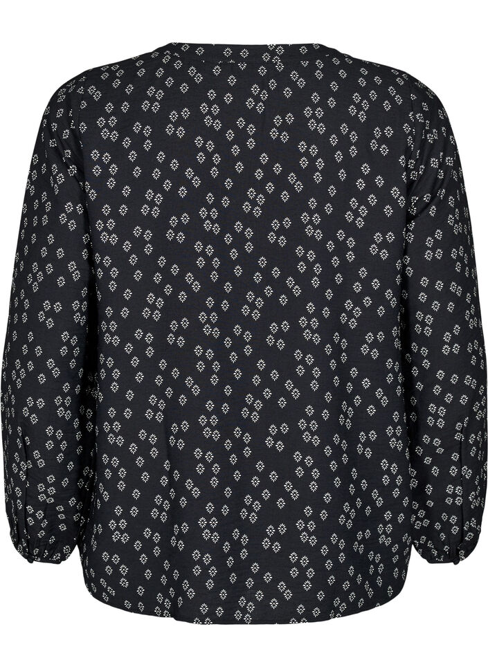 Long-sleeved blouse with pattern and buttons, Black, Packshot image number 1