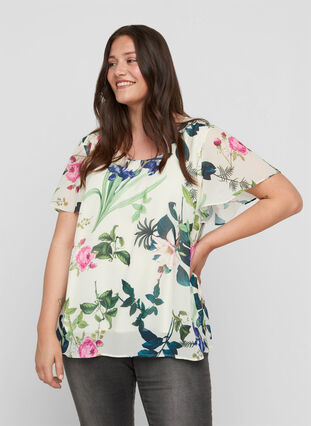 Short-sleeved blouse with a floral print, Bright White AOP, Model image number 0