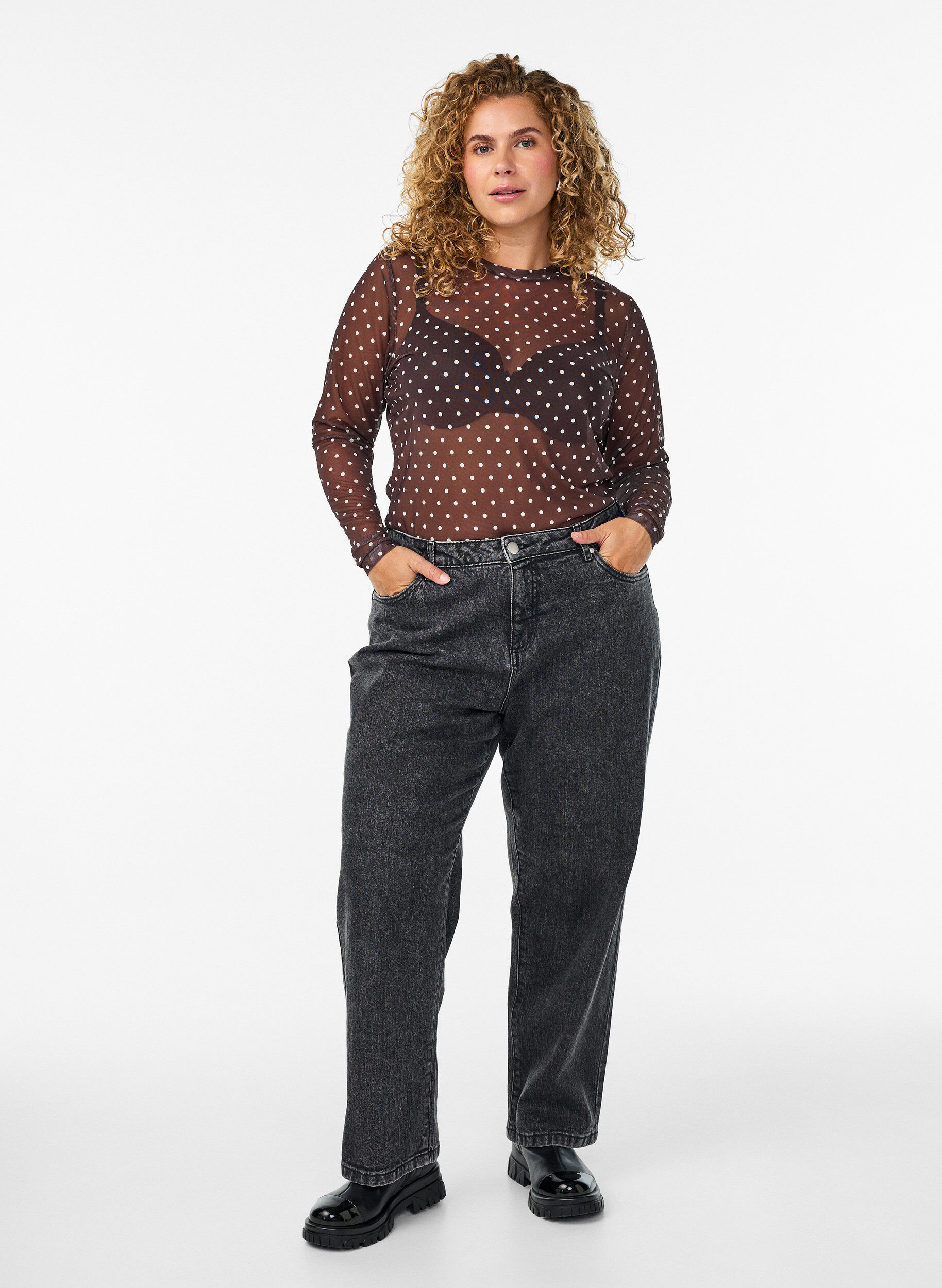 ZizzifashionMesh blouse with dots, Brown, Model image number 1