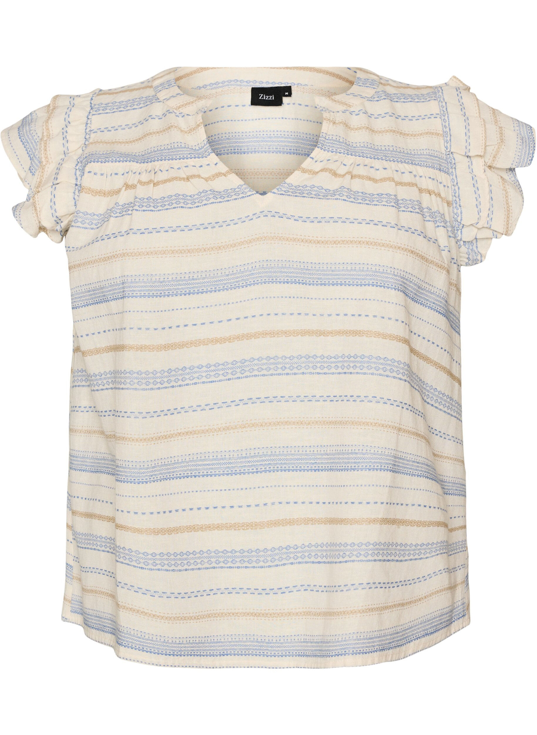 Sleeveless blouse with ruffles and patterned stripes