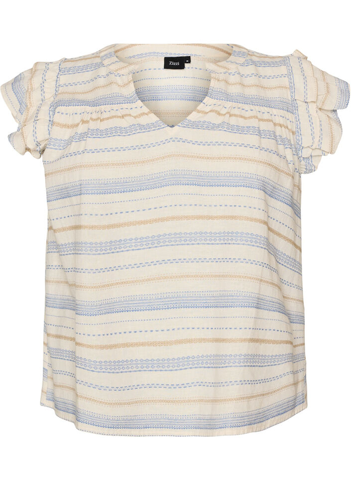 Sleeveless blouse with ruffles and patterned stripes, Vanilla, Packshot image number 0