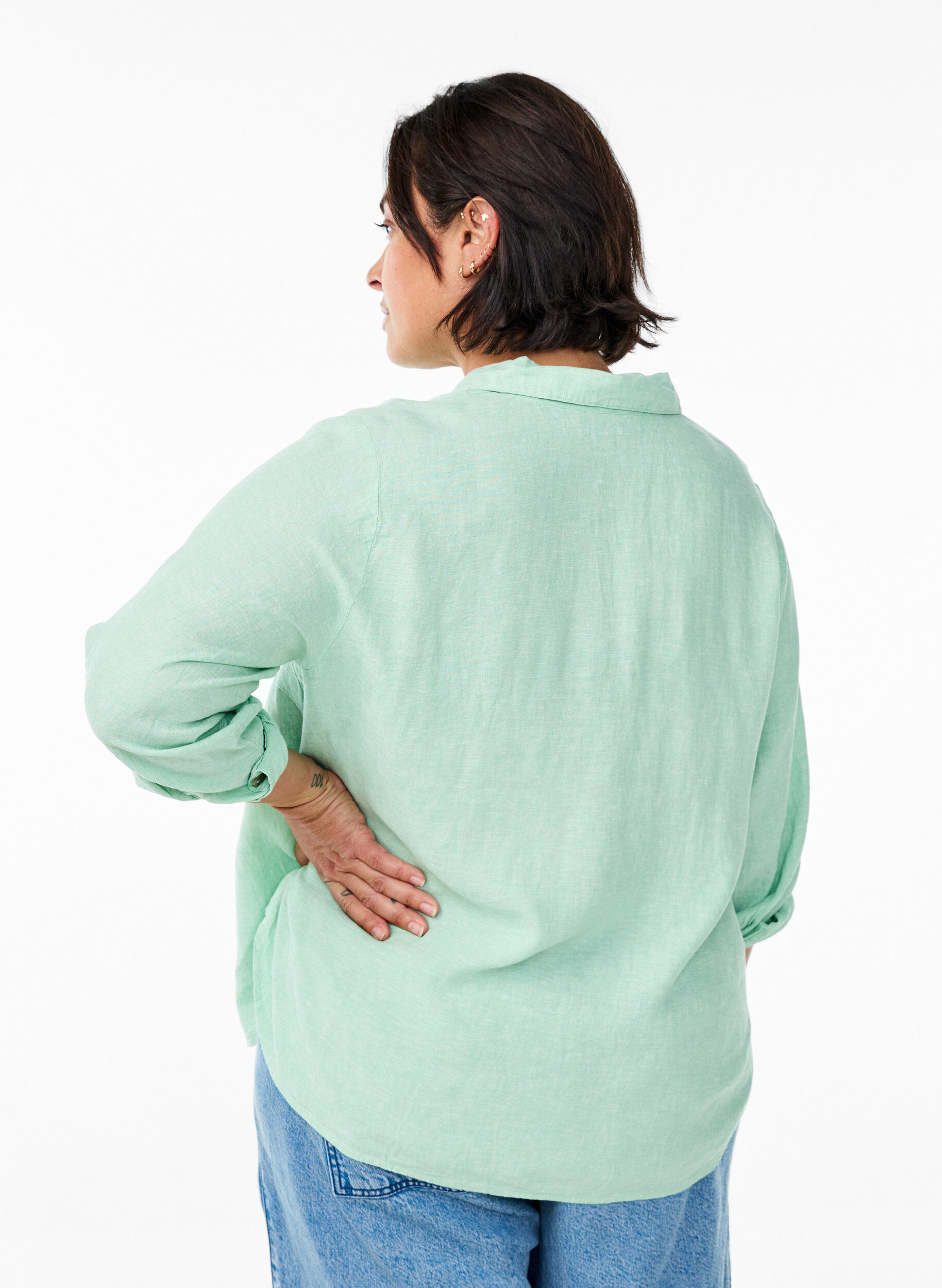 Zizzifashion Shirt in linen and viscose with 3/4 sleeves, Green, Model image number 2