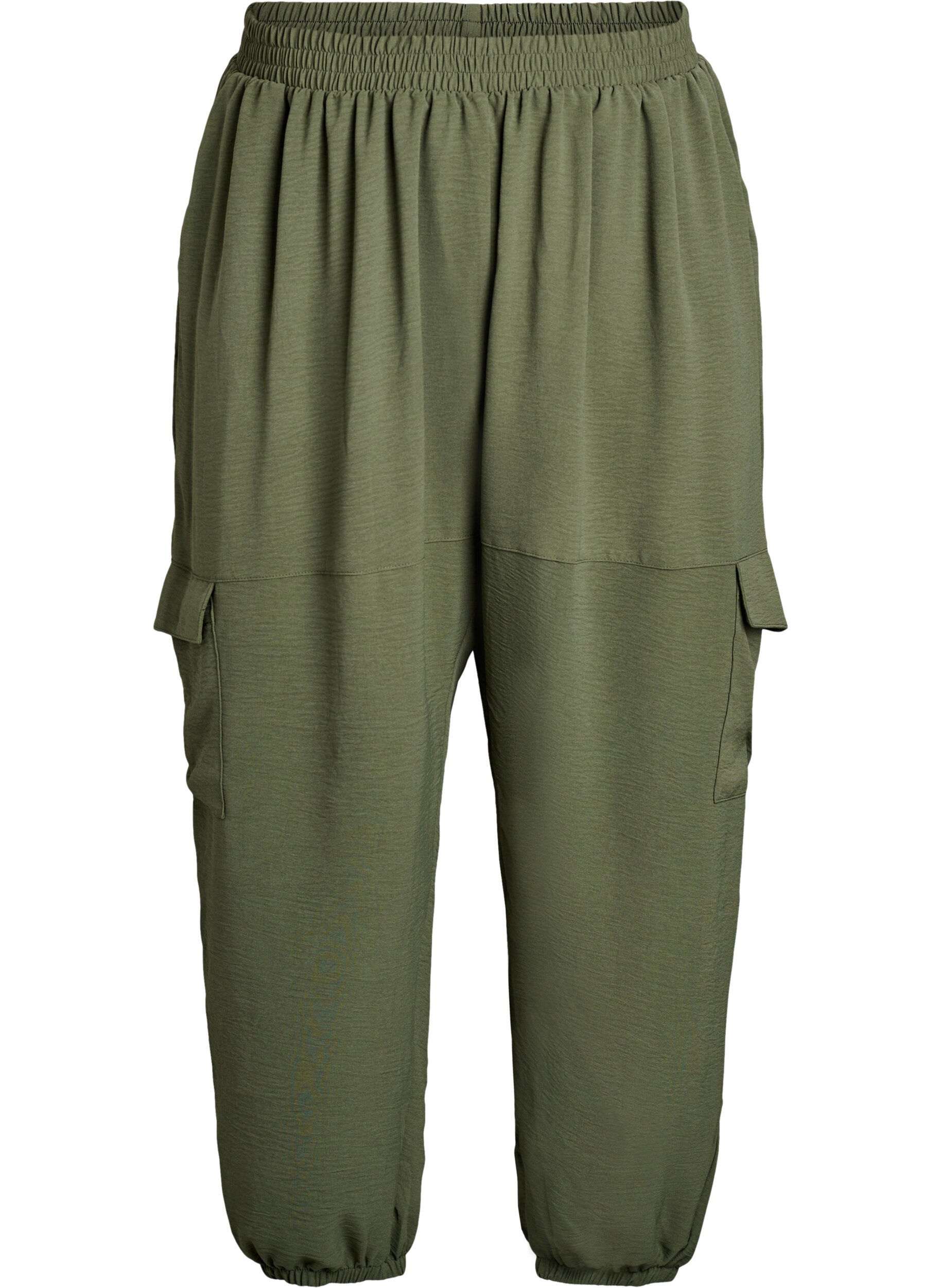 Harem trousers with cargo pockets and elasticated waist