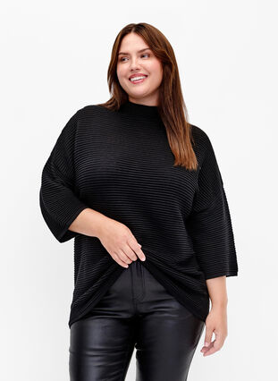 Structured knit blouse with high neck, Black, Model image number 0