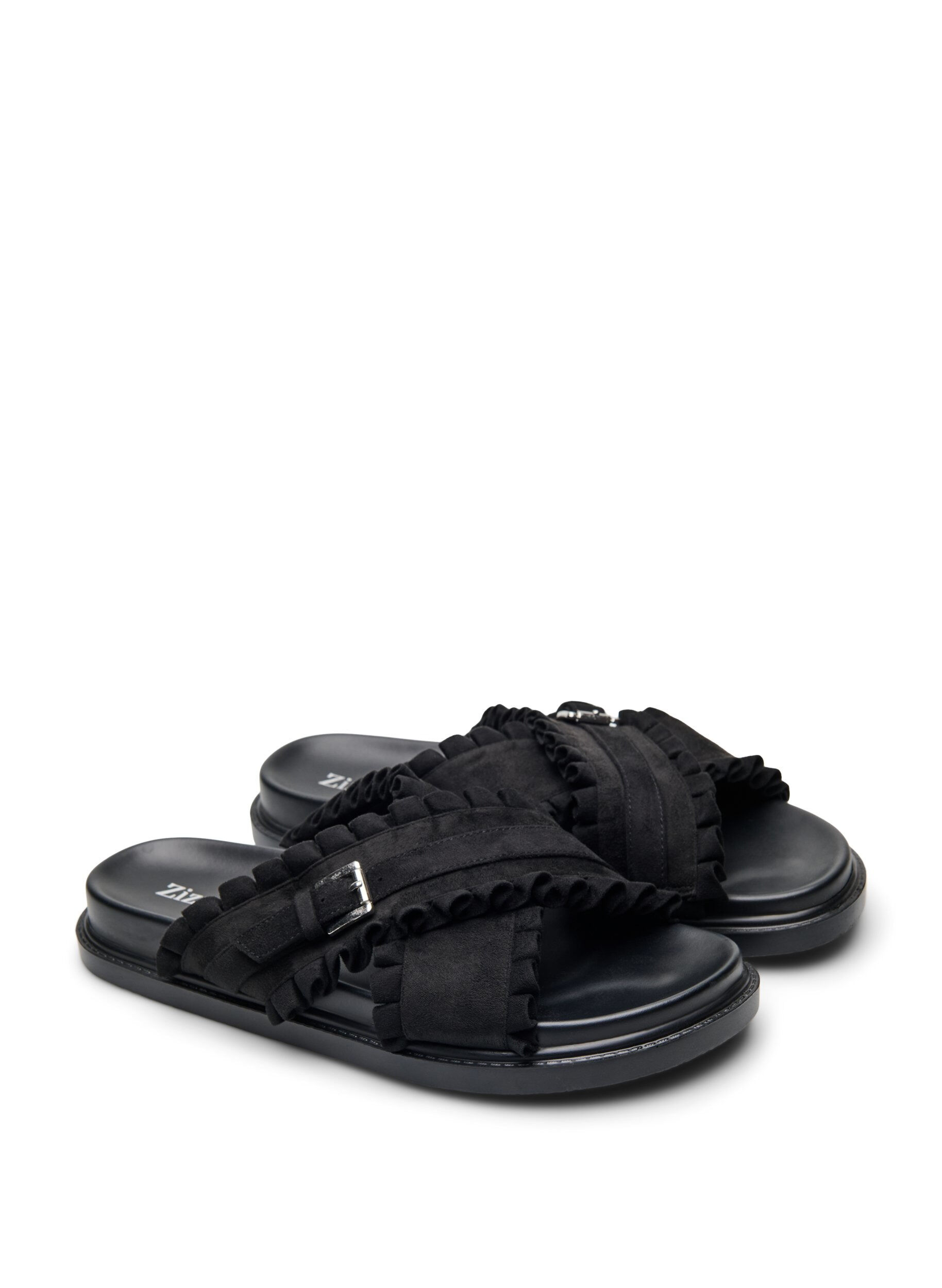 Zizzifashion Wide fit - Sandal with criss-cross straps and ruffle edges, Black, Packshot image number 1