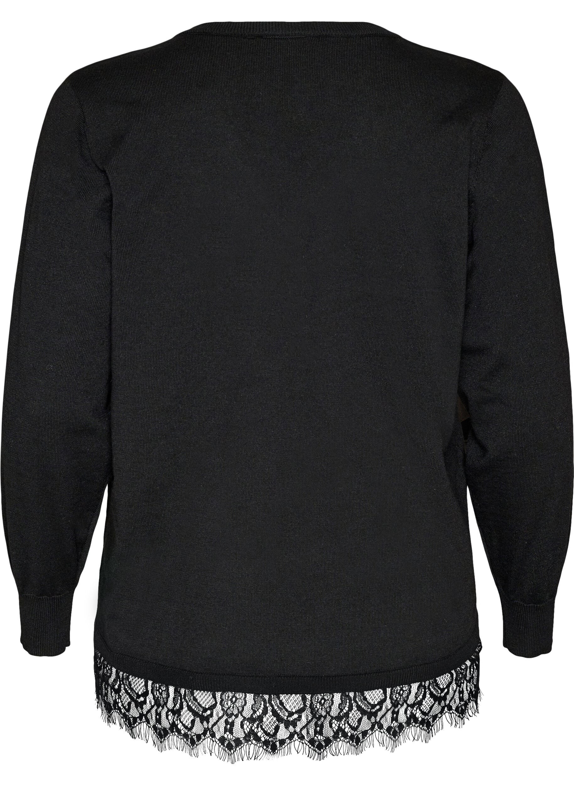ZizzifashionKnitted blouse with V-neck and lace trim, Black, Packshot image number 1
