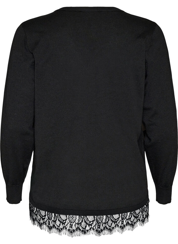 Knitted blouse with V-neck and lace trim, Black, Packshot image number 1