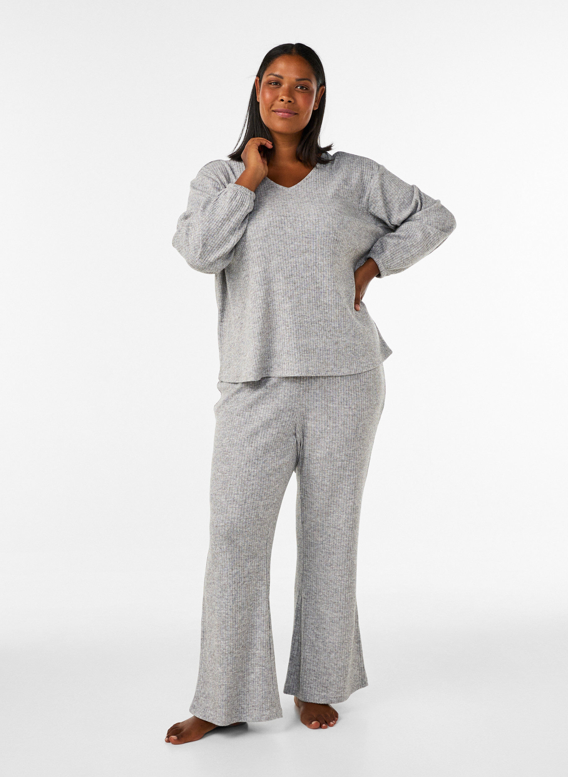 ZizzifashionJersey blouse with ribbed texture and V-neck, Grey, Model image number 1