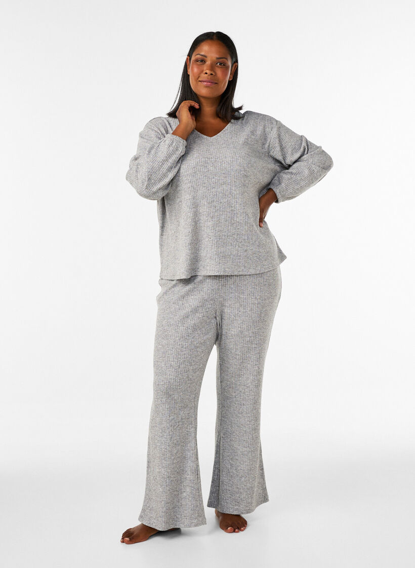 Jersey blouse with ribbed texture and V-neck, Grey, Model image number 1