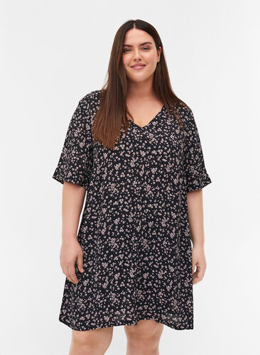 Viscose tunic with print and short sleeves, Black Flower AOP, Model image number 0