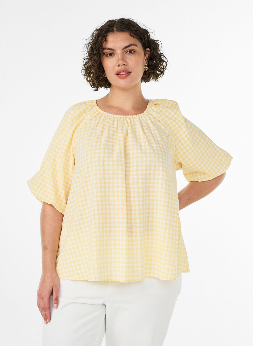 Small check blouse with an elasticated neckline and elbow-length sleeves, Yellow, Model image number 0