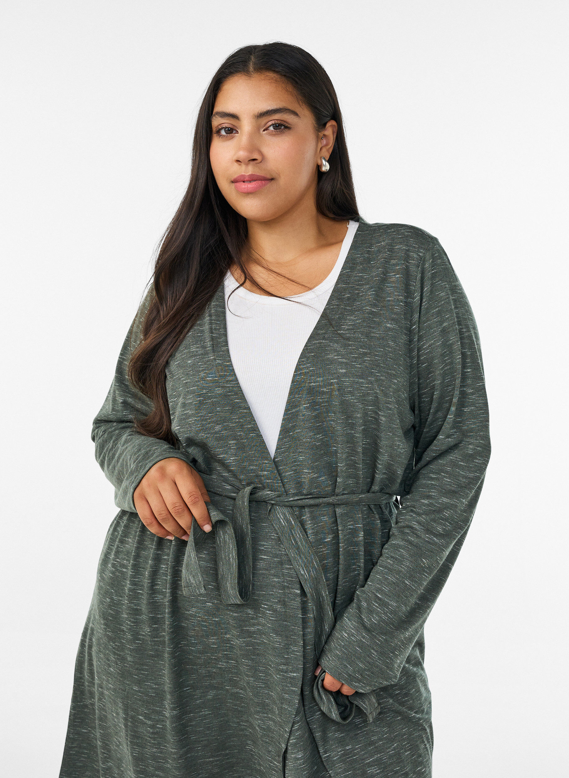 ZizzifashionLong jersey cardigan with tie-belt, Green, Model image number 2
